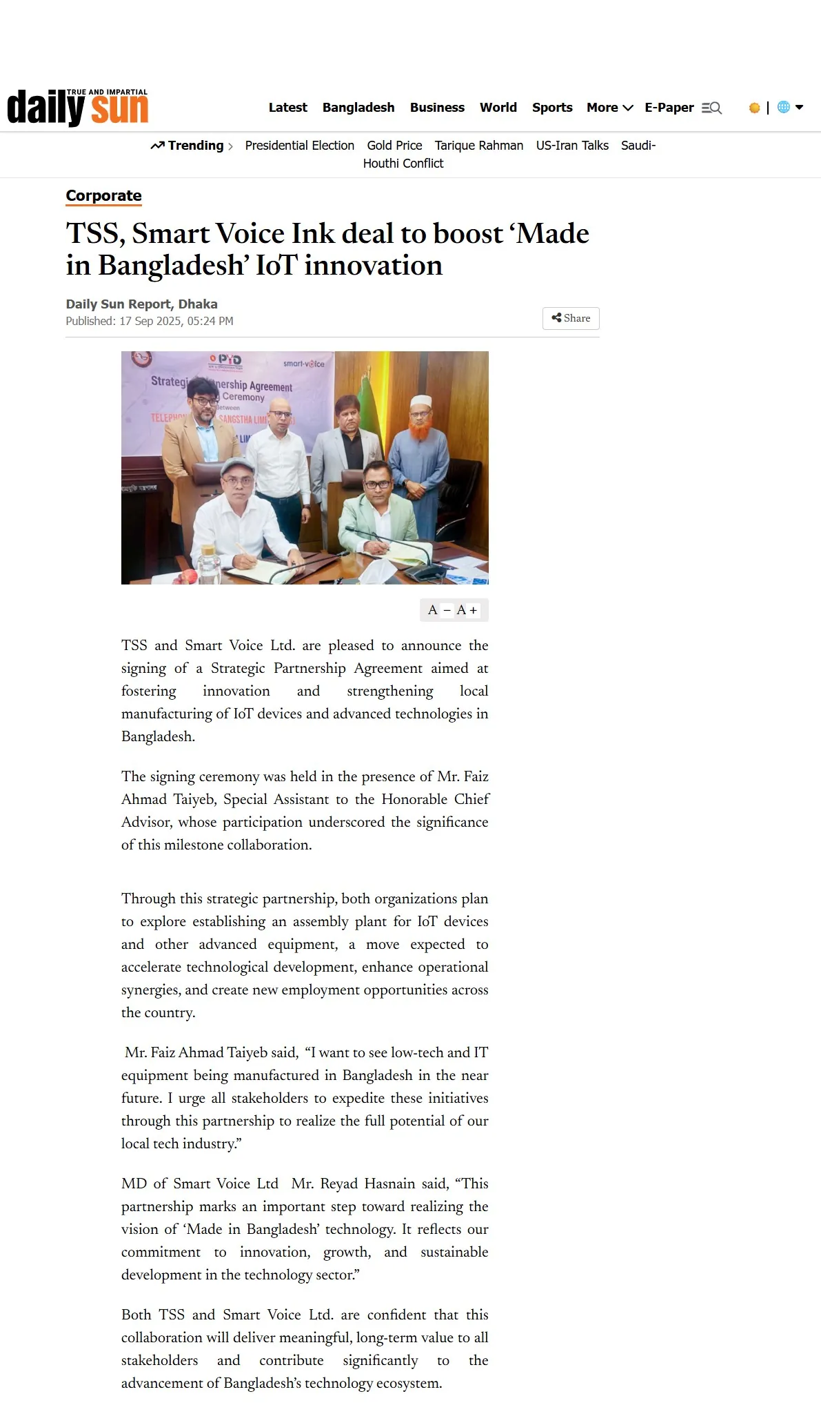 Daily Sun — TSS, Smart Voice Ink deal to boost ‘Made in Bangladesh’ IoT innovation